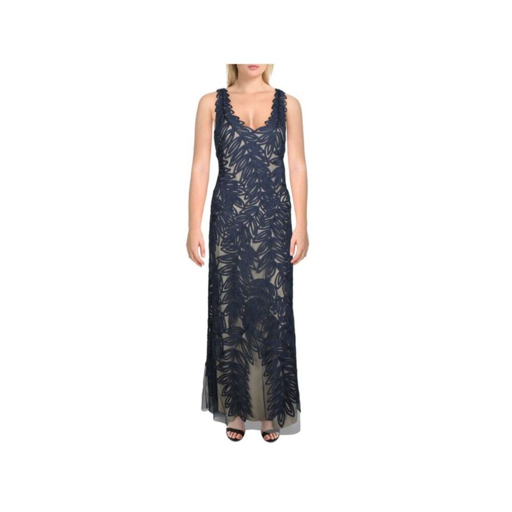 JS COLLECTION Womens Navy Zippered Soutache Embroidered Two Tone Shift Dress 2
